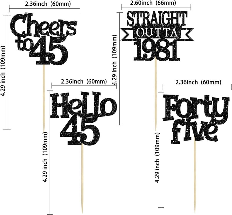 Ephlyn 24Pcs 45th Birthday Cupcake Toppers Glitter Straight Outta 1981 Cupcake Picks Hello 45 Cheers to 45 Years Cake Decorations for 45th Birthday Anniversary Party Decorations Supplies Black - Image 2